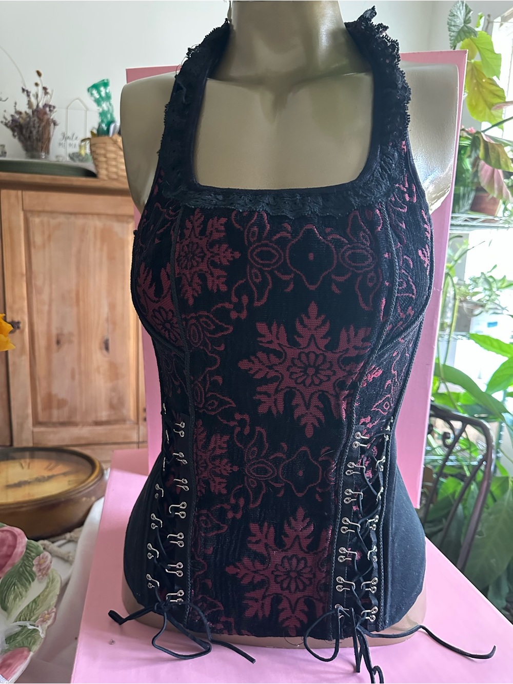 Tripp NYC Black and Burgundy Lace-Up Corset Top